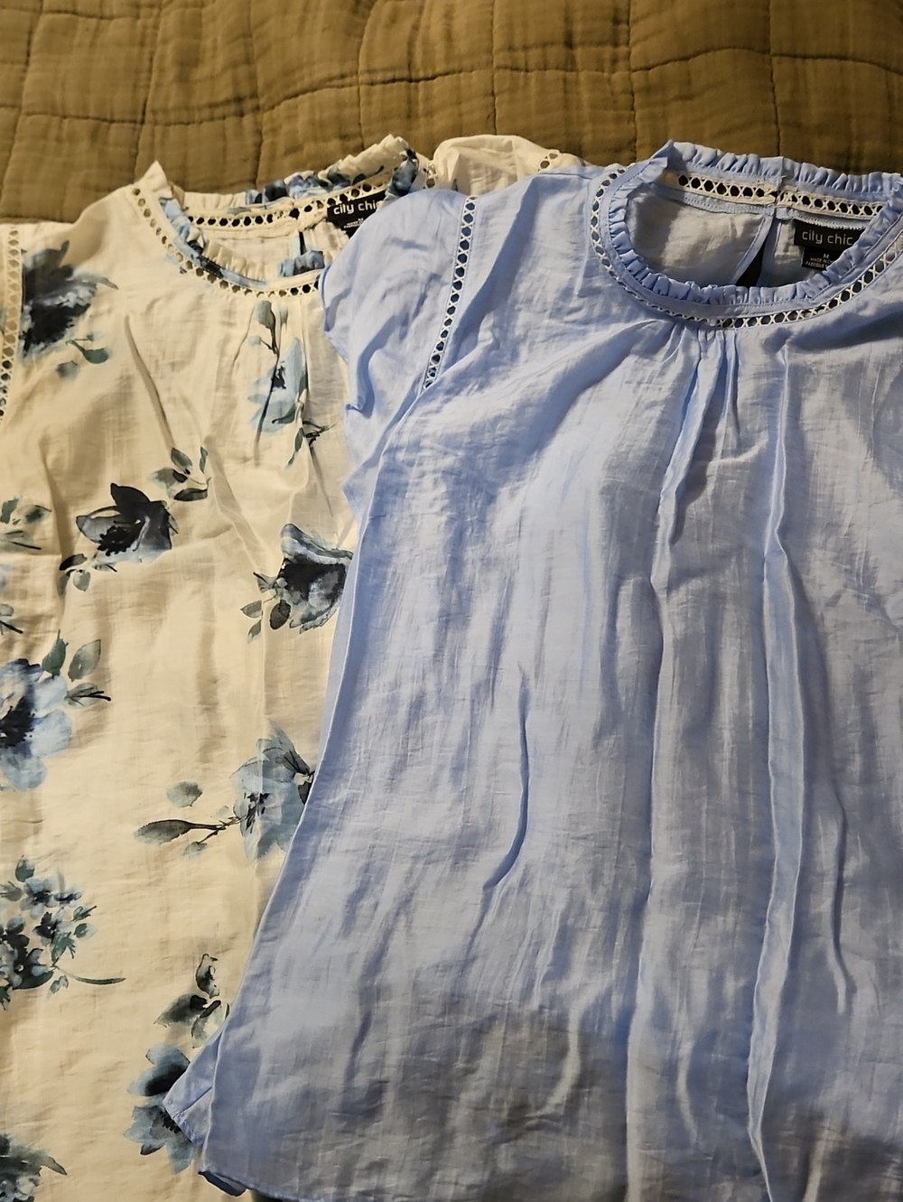 City Chic Light Blue Solid & Cream Floral Short Sleeve Tops Duo